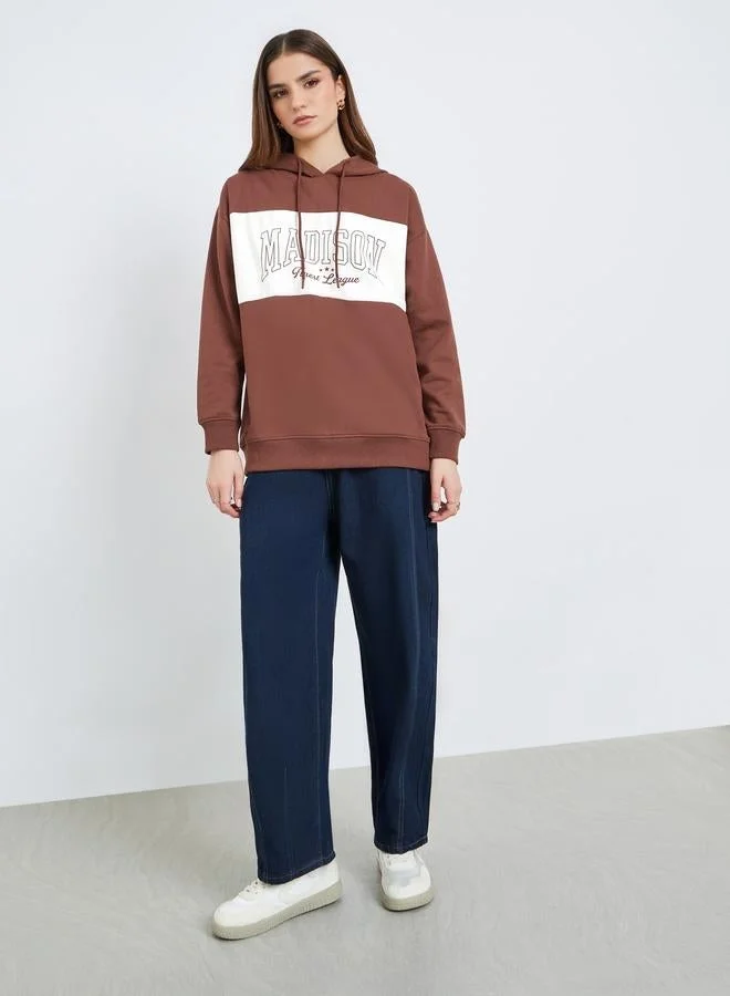 Styli Women Brown Regular Fit Color Block Hoodie