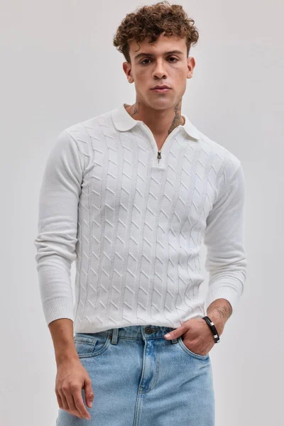 SNITCH White Zipper Knitted Polo T-Shirt
