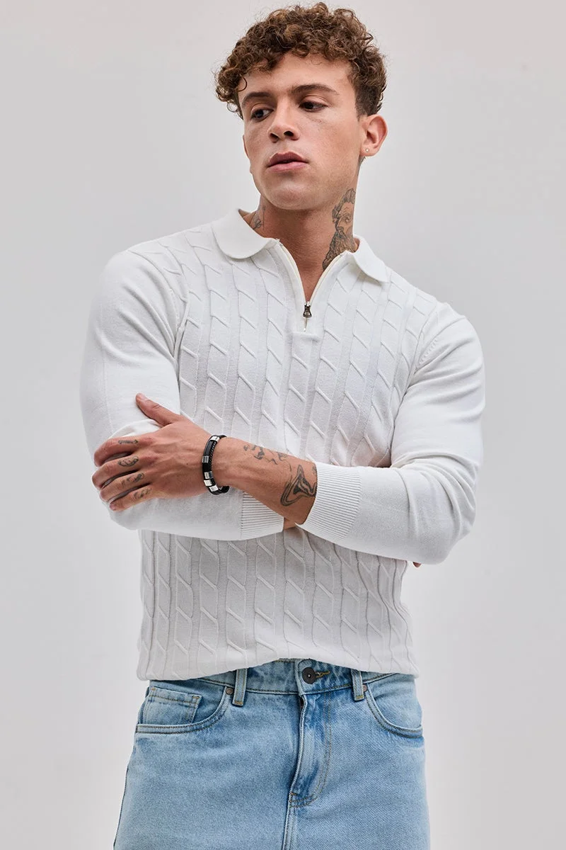 SNITCH White Zipper Knitted Polo T-Shirt