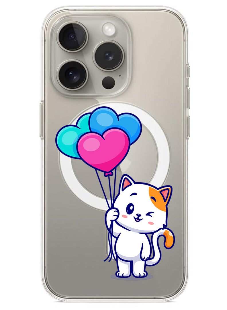 Theodor Magnetic Case for iPhone 15 Pro 6.1-inch Compatible with MagSafe Wireless Charging, Shockproof Phone Bumper Cover Cat holding Baloons - Image 1
