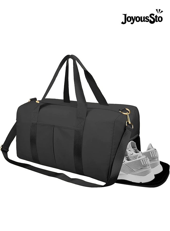 متجر الفرح حقيبة سفر رياضية للصالة الرياضية للنساء أو الرجال مع جيب مقاوم للماء للمناشف المبللة وحجرة للأحذية للتدريب والسباحة واليوغا باللون الأسود - Image 1