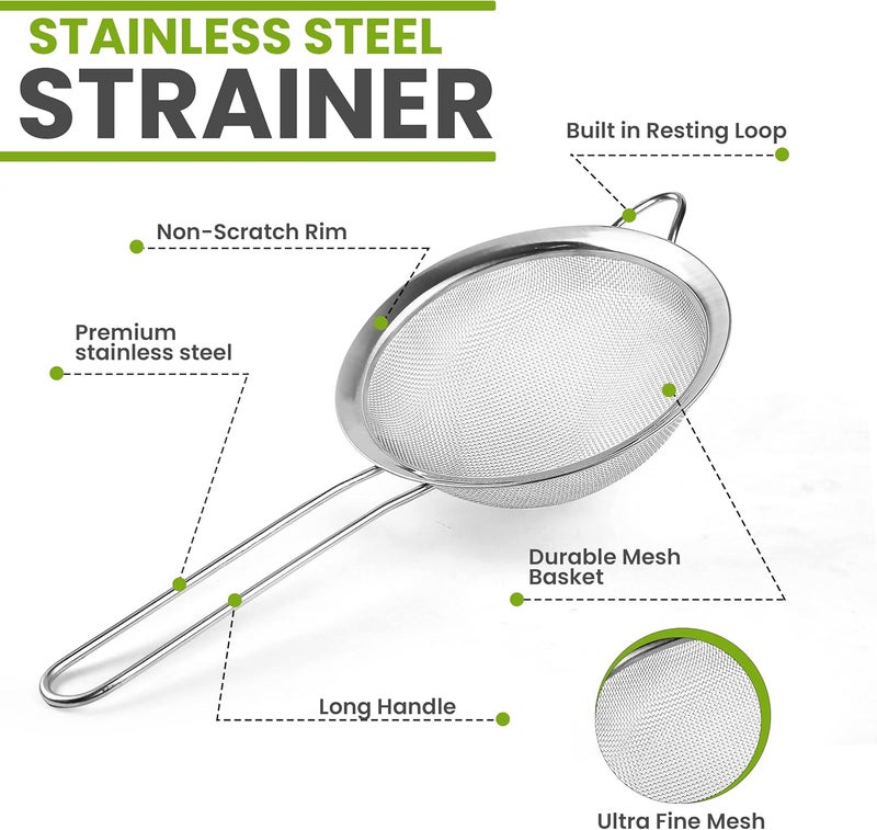 KAFOOR KITCHENISTIC Fine Mesh Stainless Steel Strainer Set of 2 - Large Round Strainer and Small Conical Sieve - Ideal to Strain Pasta Noodles, Quinoa, Tea, Coffee, Juices Sift & Sieve Flour & Powdered Sugar - Image 4