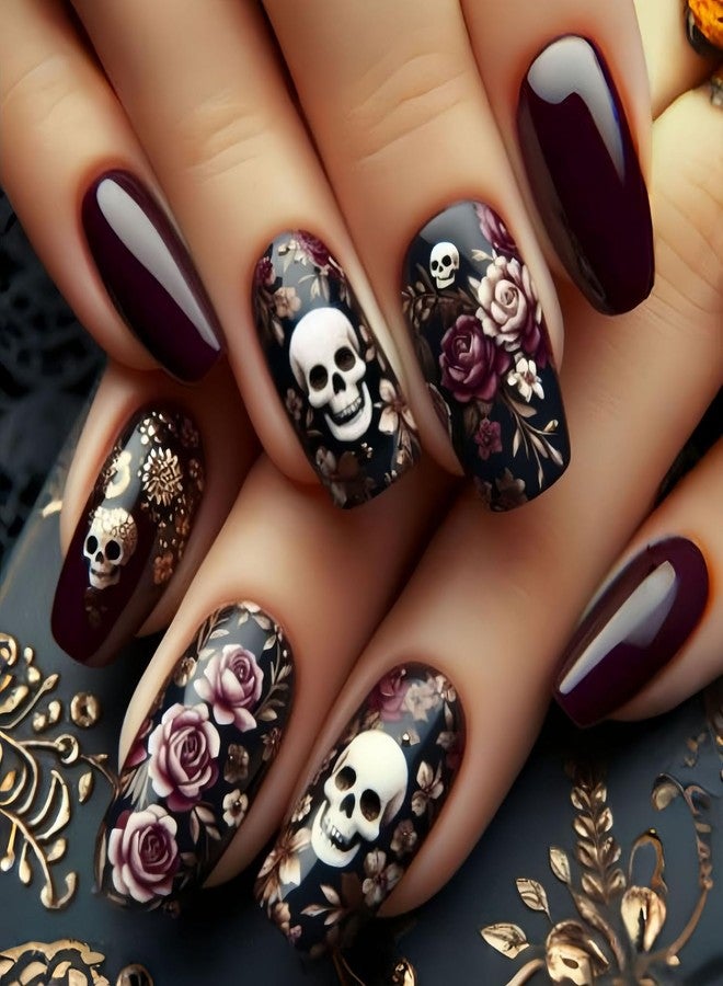 GRITOSE Halloween Press on Nails Long Square Fake Nails Floral Stick on Nailss The Day of Dead False Nail with Skull designs Red Horror Glue on Nails Full Cover Acrylic Nail for Women Nail Supplies24pcs - Image 1