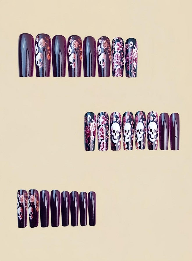 GRITOSE Halloween Press on Nails Long Square Fake Nails Floral Stick on Nailss The Day of Dead False Nail with Skull designs Red Horror Glue on Nails Full Cover Acrylic Nail for Women Nail Supplies24pcs - Image 2