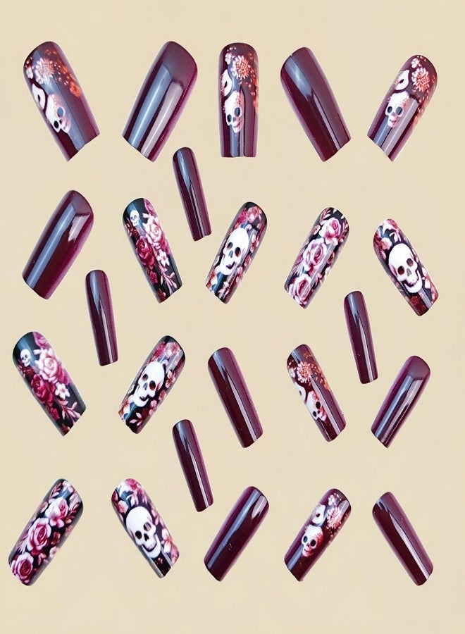 GRITOSE Halloween Press on Nails Long Square Fake Nails Floral Stick on Nailss The Day of Dead False Nail with Skull designs Red Horror Glue on Nails Full Cover Acrylic Nail for Women Nail Supplies24pcs - Image 4