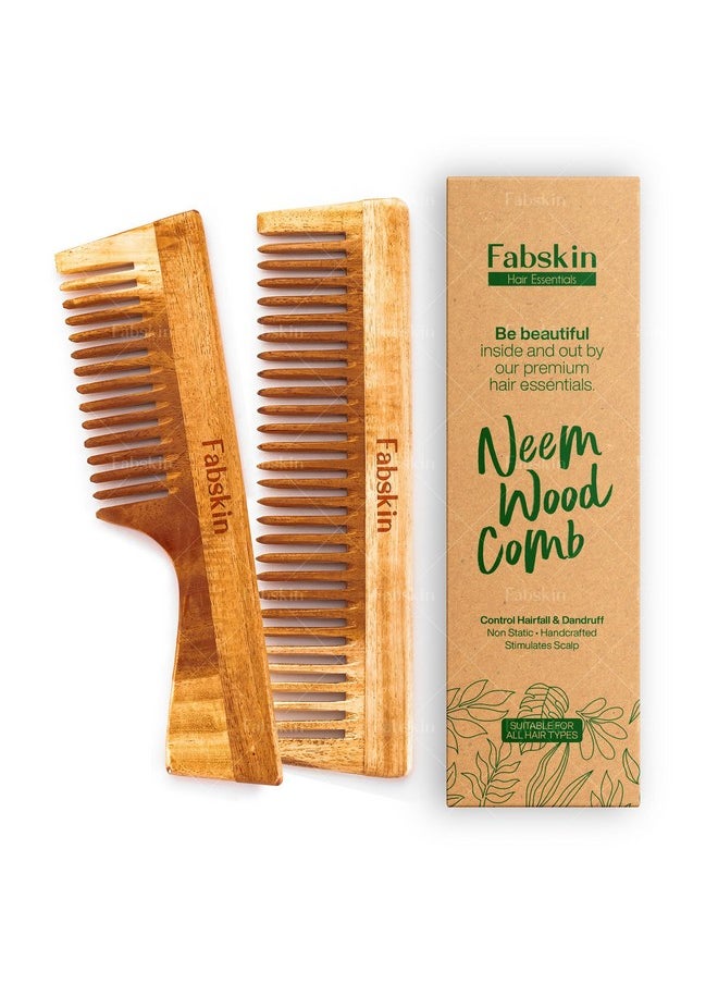 Fabskin Neem Wooden Comb For Men & Women | Set Of 2 | Detangling, Frizz Control, Shine & Styling | Wide Tooth & Handle Comb | For All Hair Types  - Image 1