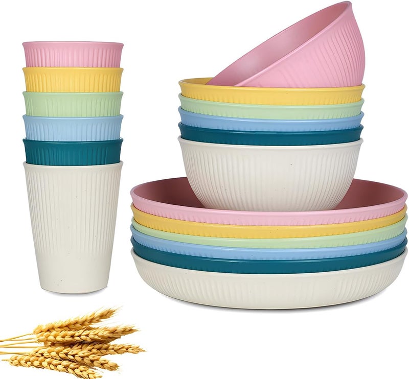 HORNORM 18pcs Wheat Straw Dinnerware Sets Unbreakable dish Set Reusable Plates Bowls and Cups Set dishes Dishwasher Microwave Safe for Kitchen Outdoor Travel Camping Light Macron - Image 1