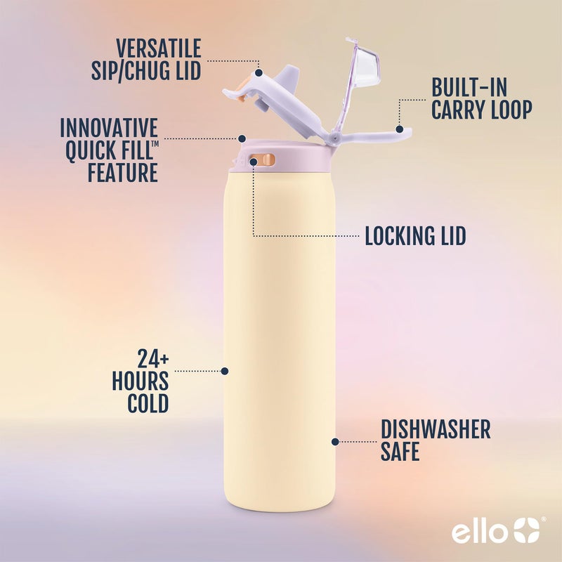 إلو زجاجة مياه من الفولاذ المقاوم للصدأ Ello Pop & fill سعة 22 أونصة مزودة بتقنية التعبئة السريعة، مزودة بجدار مزدوج ومعزولة بالفراغ وغطاء معدني مانع للتسرب وغطاء قابل لإعادة الاستخدام وخالية من البيسفينول A. - Image 3