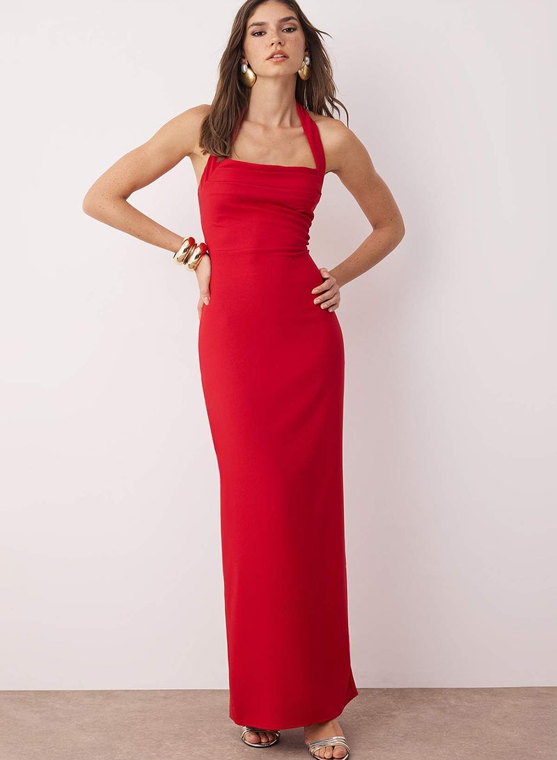 trendyol Red Bodycon Degaje Collar Woven Long Stylish Evening Dress Tprss24Ae00083 - Image 1