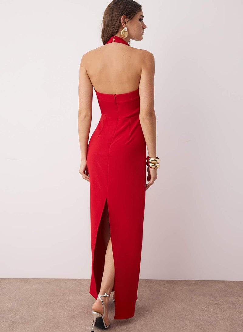 trendyol Red Bodycon Degaje Collar Woven Long Stylish Evening Dress Tprss24Ae00083 - Image 4