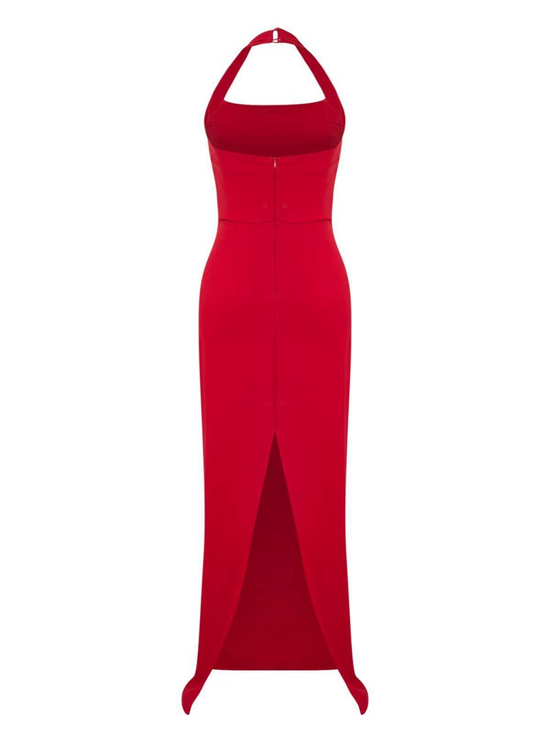 trendyol Red Bodycon Degaje Collar Woven Long Stylish Evening Dress Tprss24Ae00083 - Image 5