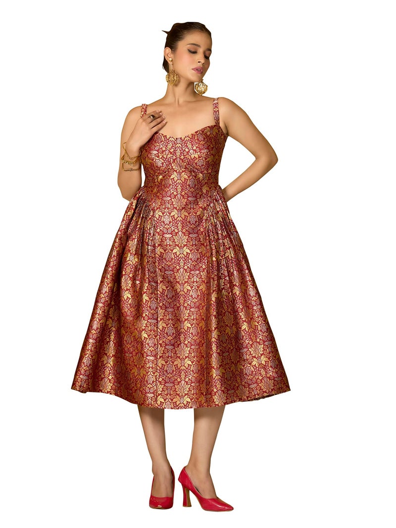 PURVAJA Women's Fit & Flare Midi Sleeveless Sweetheart Neck Emblished Dress(Floe-344-Maroon-XL) - Image 1