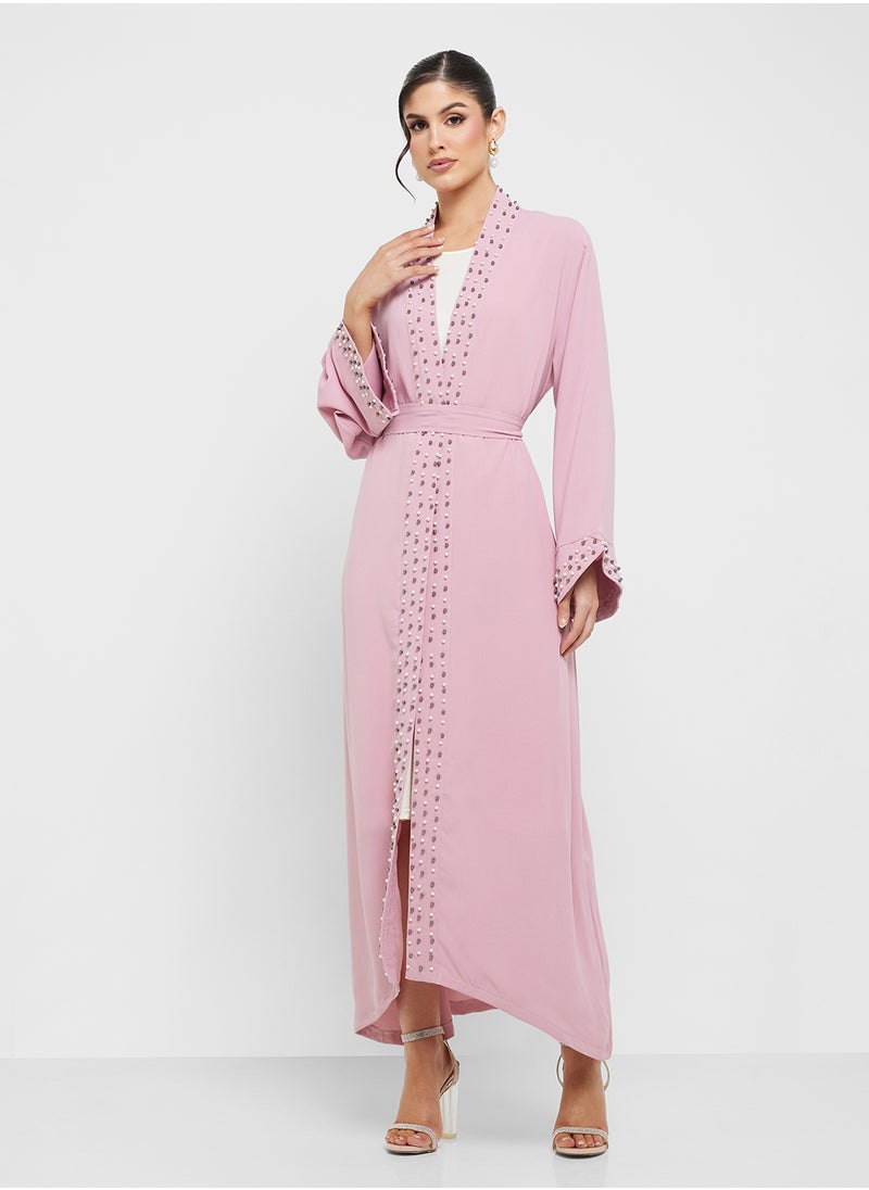 Khizana Open Abaya With Embroidered Hems  - Image 4