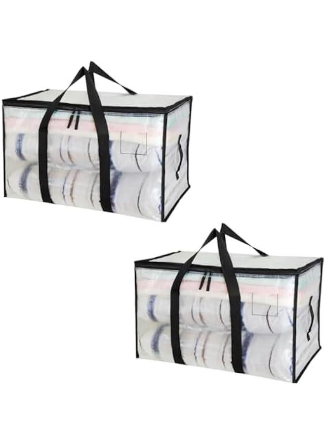 TRASSLE Large Moving Bags, 2 Pack Heavy Duty Moving Storage Tote Bags, Foldable Clothes Storage Bags,UnderBed Storage Bag with Zippers and Sturdy Handles for Bedding,dormitory,Travel (Clear) - Image 1