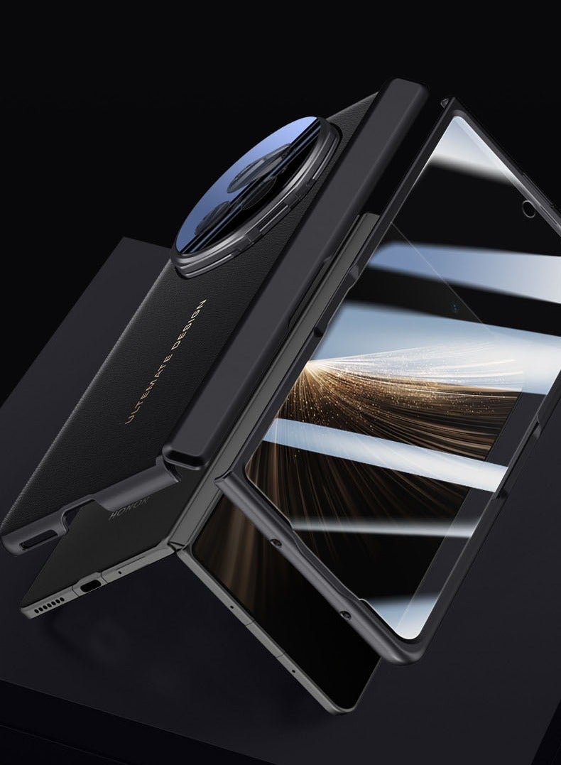 general Compatible with Honor Magic V5 Electroplated Frame Magnetic Hinge Protection Grain Leather Case with Lens Holder Privacy Screen Protector For Magic V5 - Image 2