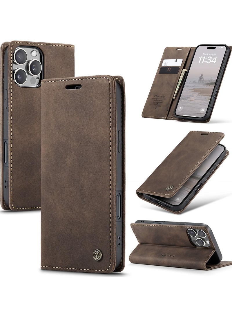 CaseMe Phone Case Luxury PU Leather Design 013 Flip Cover Card Slot Holder Cover For IPhone 16 Pro Max (Coffe) - Image 1