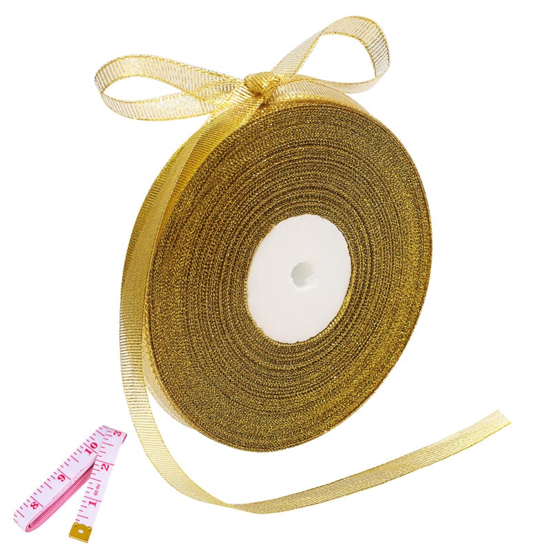 50 Yards Gold Glitter Ribbon 38 Inch Sparkly Thin Solid Fabric Ribbon for Gift Wrapping Crafts Holiday Wedding Birthday Party Decoration Floral Bouquet Metallic Gold Ribbon Roll