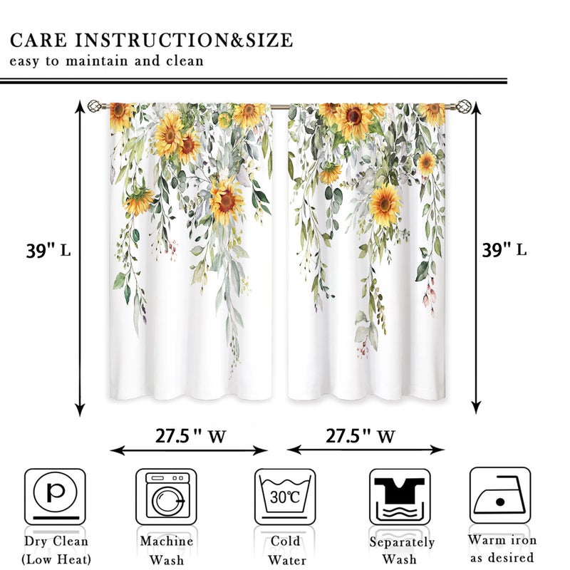 oolygoo Eucalyptus Botanical Leaves Yellow Sunflower Floral Kitchen Window Curtains Flower Plant Small Window Treatment Sage Green Cafe Short Curtains for Bathroom Treatment Tier Drapes 27.9x39 inch - Image 2