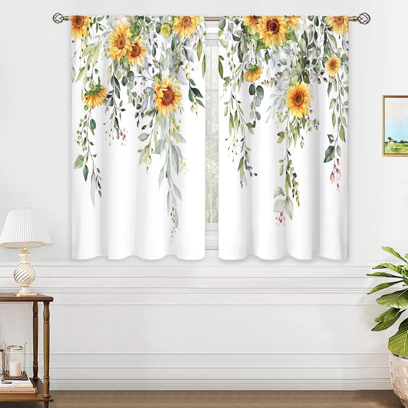 oolygoo Eucalyptus Botanical Leaves Yellow Sunflower Floral Kitchen Window Curtains Flower Plant Small Window Treatment Sage Green Cafe Short Curtains for Bathroom Treatment Tier Drapes 27.9x39 inch - Image 4