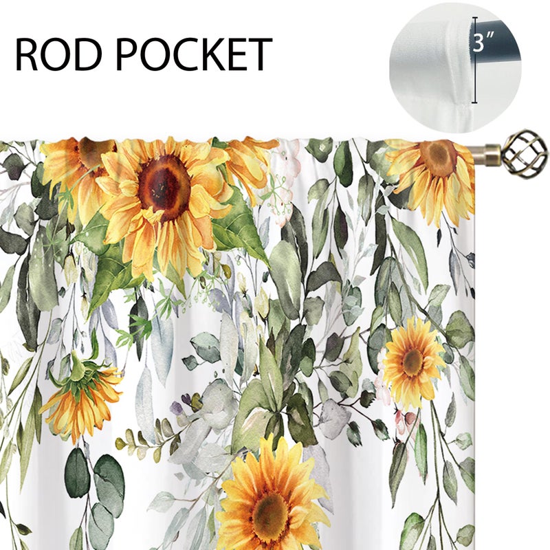 oolygoo Eucalyptus Botanical Leaves Yellow Sunflower Floral Kitchen Window Curtains Flower Plant Small Window Treatment Sage Green Cafe Short Curtains for Bathroom Treatment Tier Drapes 27.9x39 inch - Image 5