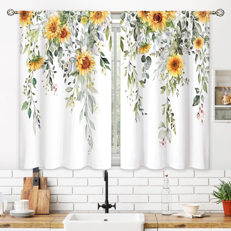 oolygoo Eucalyptus Botanical Leaves Yellow Sunflower Floral Kitchen Window Curtains Flower Plant Small Window Treatment Sage Green Cafe Short Curtains for Bathroom Treatment Tier Drapes 27.9x39 inch - Image 3