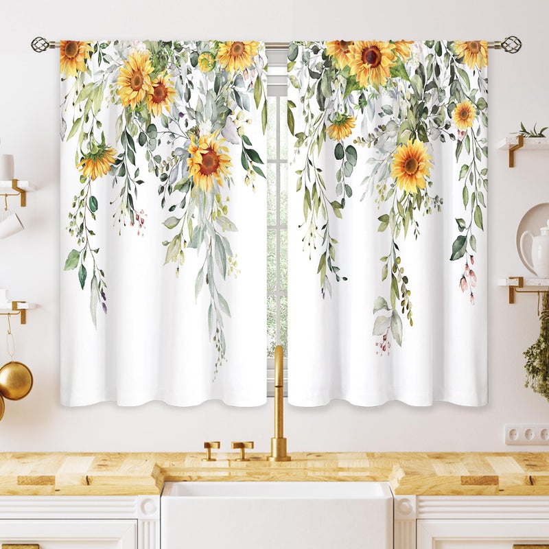 oolygoo Eucalyptus Botanical Leaves Yellow Sunflower Floral Kitchen Window Curtains Flower Plant Small Window Treatment Sage Green Cafe Short Curtains for Bathroom Treatment Tier Drapes 27.9x39 inch - Image 1