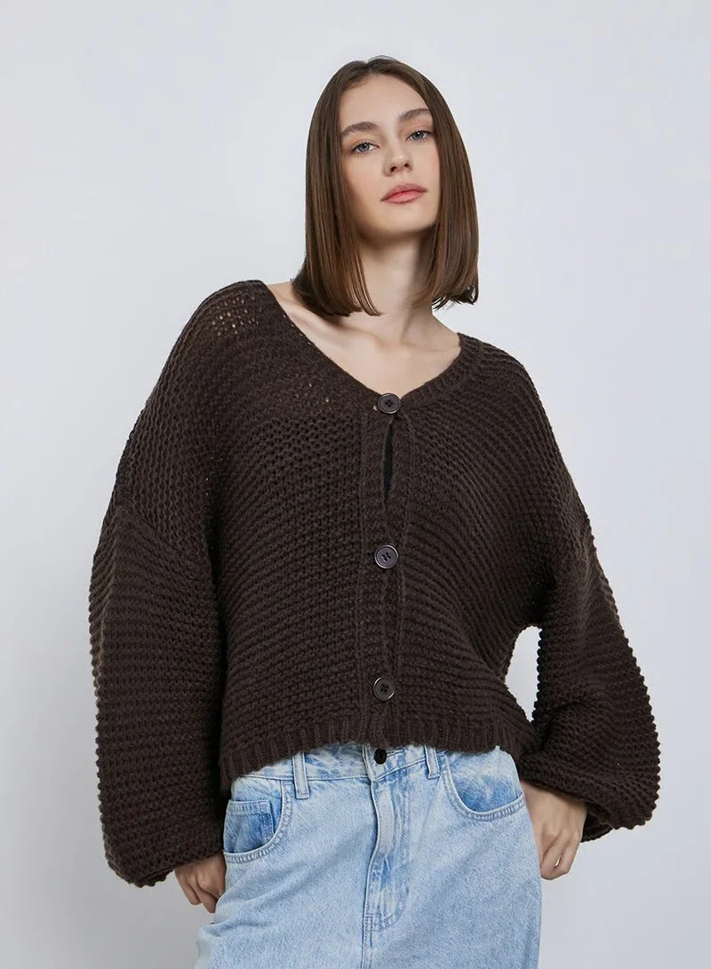 Styli Brown Boxy Fit Chunky Knit Cardigan