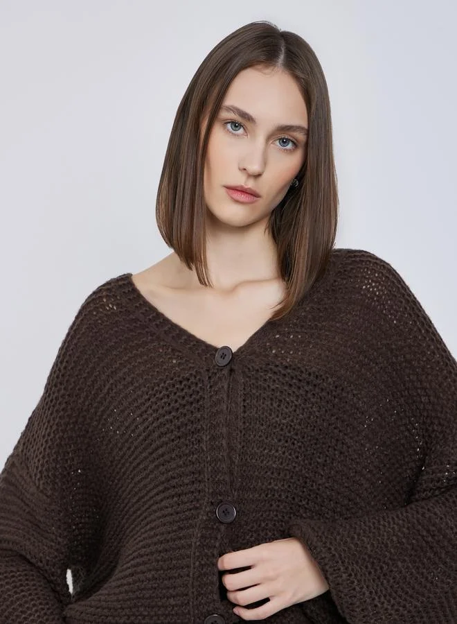Styli Brown Boxy Fit Chunky Knit Cardigan