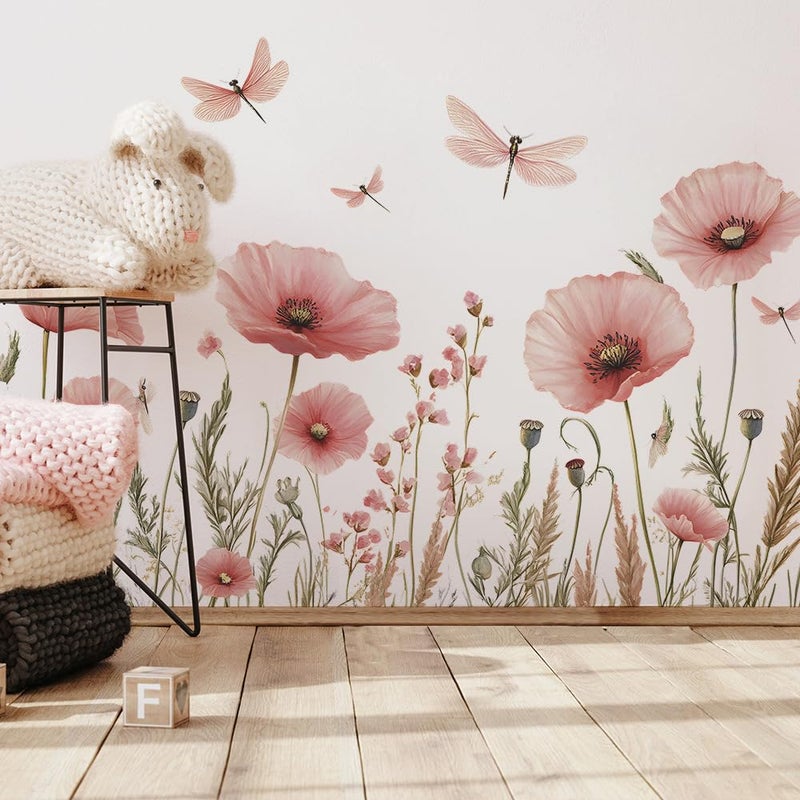 Runtoo Pink Flower Wall Decals Boho Poppy Garden Floral Wall Stickers for Girls Bedroom Nursery Living Room Decor - Image 1