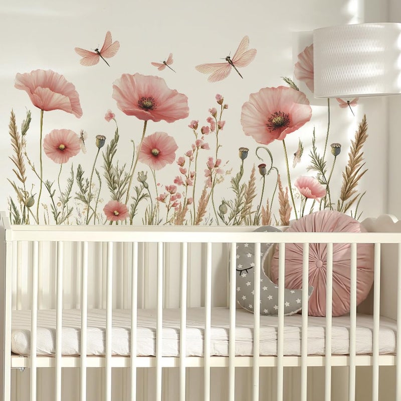 Runtoo Pink Flower Wall Decals Boho Poppy Garden Floral Wall Stickers for Girls Bedroom Nursery Living Room Decor - Image 3