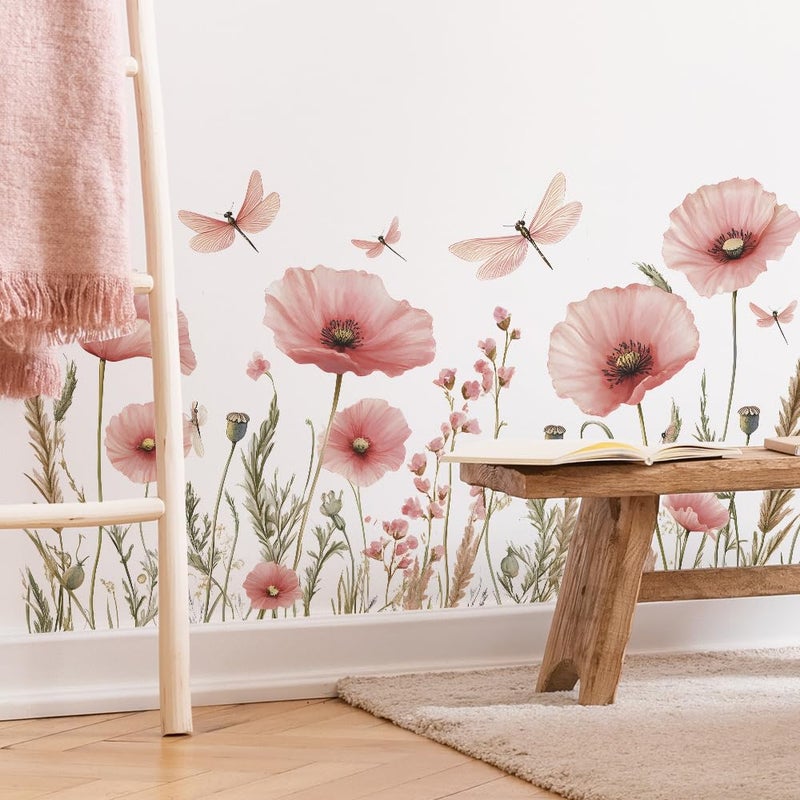 Runtoo Pink Flower Wall Decals Boho Poppy Garden Floral Wall Stickers for Girls Bedroom Nursery Living Room Decor - Image 4