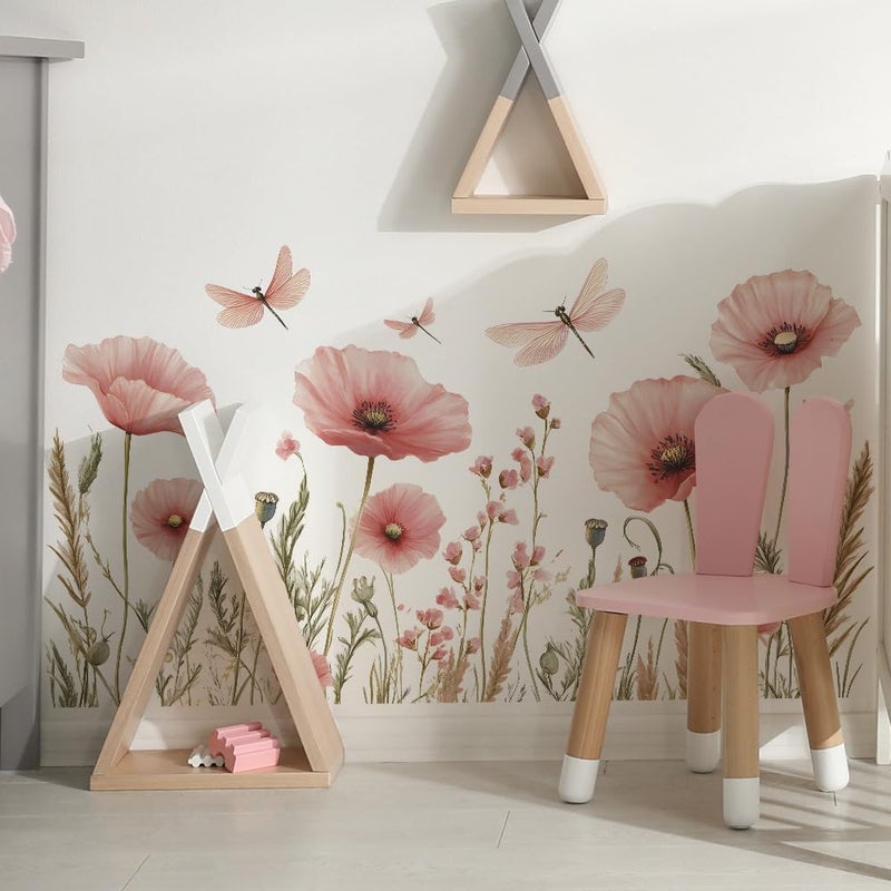Runtoo Pink Flower Wall Decals Boho Poppy Garden Floral Wall Stickers for Girls Bedroom Nursery Living Room Decor - Image 2
