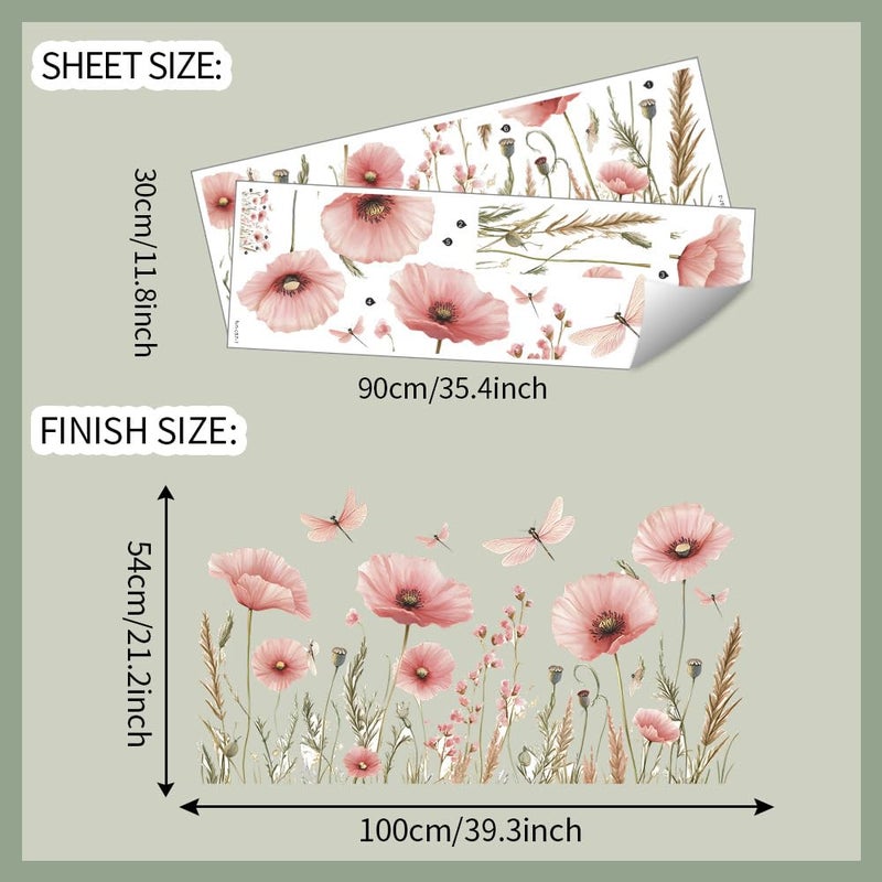 Runtoo Pink Flower Wall Decals Boho Poppy Garden Floral Wall Stickers for Girls Bedroom Nursery Living Room Decor - Image 5