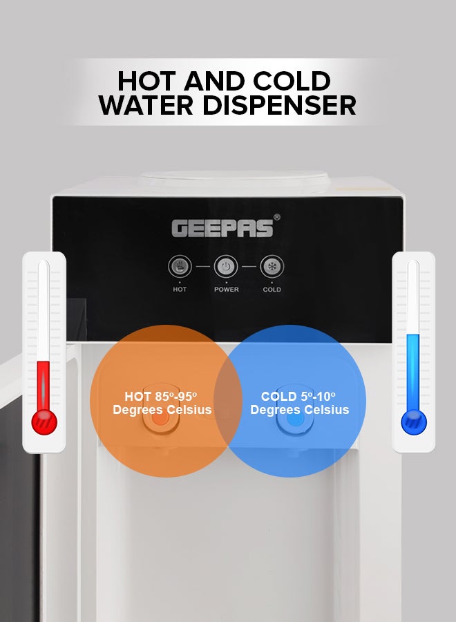 GEEPAS Hot And Cold Water Dispenser | Stainless Steel Water Tank With Fast Cooling And 2 Taps, Hot And Cold| Cold Temperature: 5-10 Degrees Celsius; Hot Temperature: 85-90 Degrees Celsius| Desk Top Dispenser, Perfect For Home And Office| 1 Year Warranty GWD17033 Black - Image 3