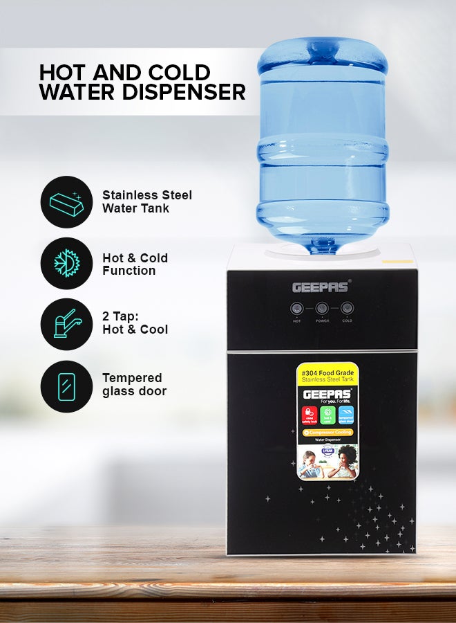 GEEPAS Hot And Cold Water Dispenser | Stainless Steel Water Tank With Fast Cooling And 2 Taps, Hot And Cold| Cold Temperature: 5-10 Degrees Celsius; Hot Temperature: 85-90 Degrees Celsius| Desk Top Dispenser, Perfect For Home And Office| 1 Year Warranty GWD17033 Black - Image 1