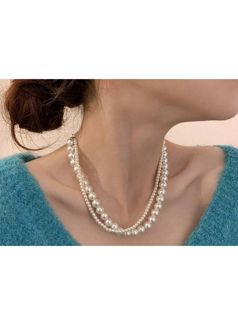 Huitich Double Layer Faux Pearl Choker Necklace Elegant Alloy & Pearl Jewelry  - Image 3
