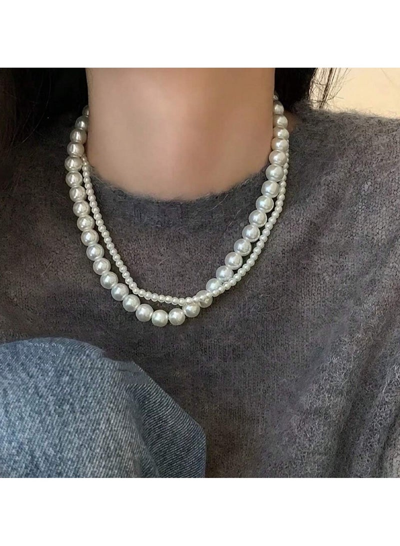 Huitich Double Layer Faux Pearl Choker Necklace Elegant Alloy & Pearl Jewelry  - Image 2