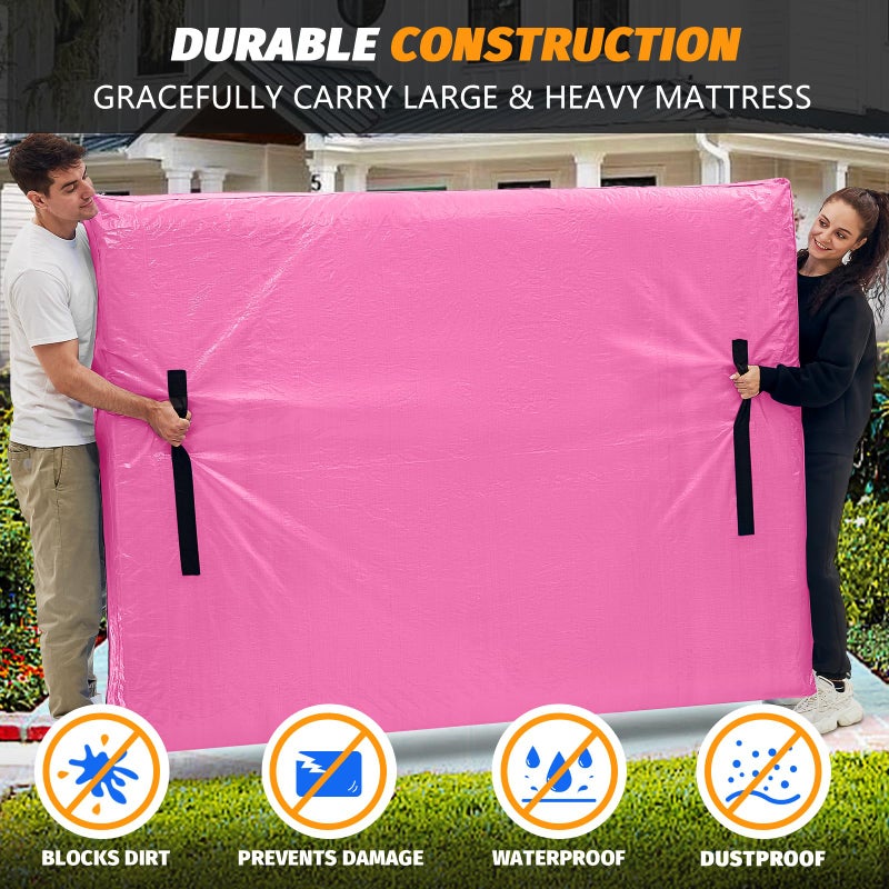 BETU Mattress Bags for Moving, BETU Mattress Protector Waterproof Mattress Cover King Size Storage Bags with 8 Heavy-Duty Handles and Zipper for Bed Extra Thick Large Reusable (82"x79"x15" Pink) - Image 4