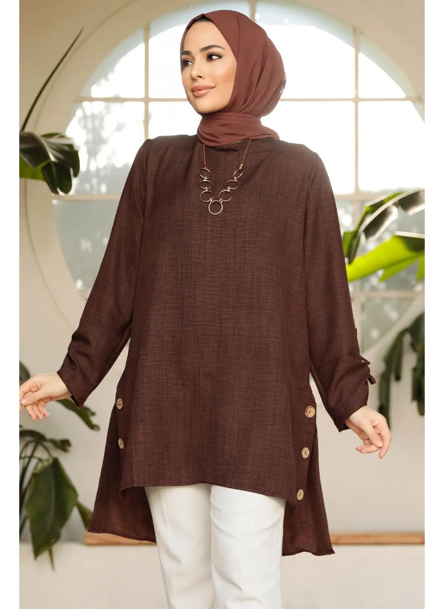 Neva Style Button Detailed Brown Hijab Tunic 41281KH