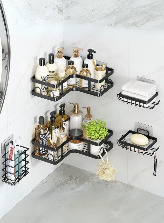 شي ون منظم ادوات الاستحمام ذاتي اللصق مع خطافات اسود، 5 قطع - Image 2