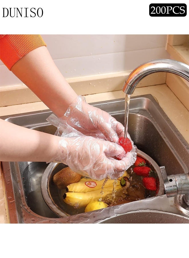 DUNISO 200Pcs Disposable Gloves Multipurpose PE Heavy Duty Non-Sterile Plastics Gloves Transparent Waterproof Disposable Gloves Use for Food, Safety, Cleaning, Barber Shop, Garage etc - Image 1