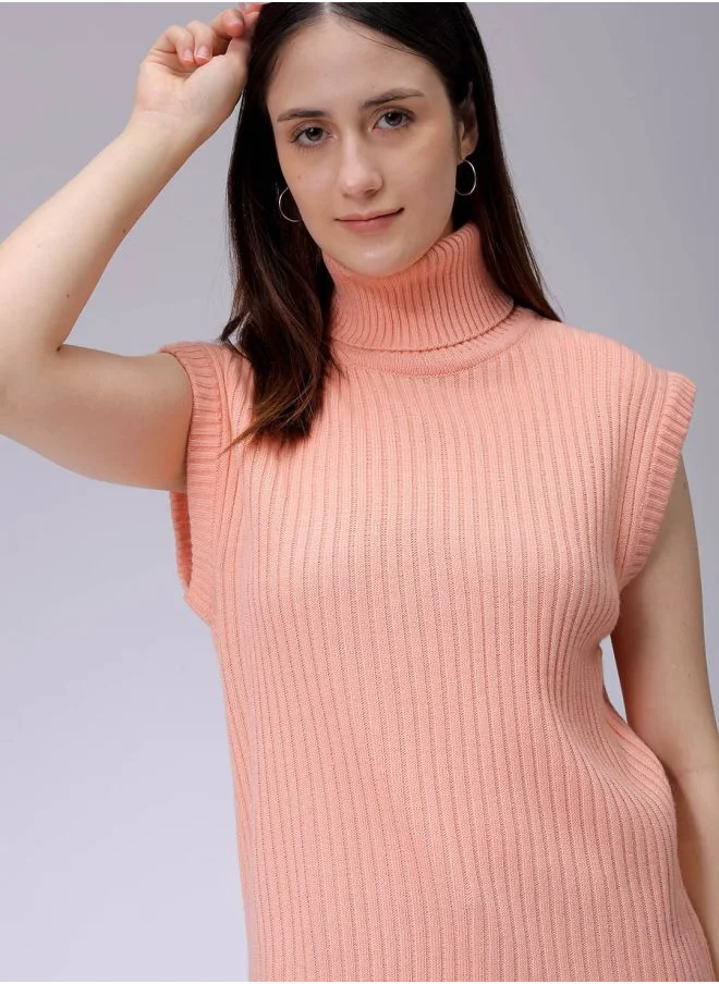 مرفوعة Women Relaxed Pink Solid High Neck Sleeveless Sweater