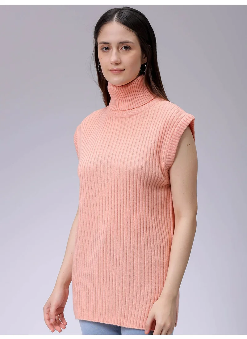 Freehand Women Relaxed Pink Solid High Neck Sleeveless Sweater