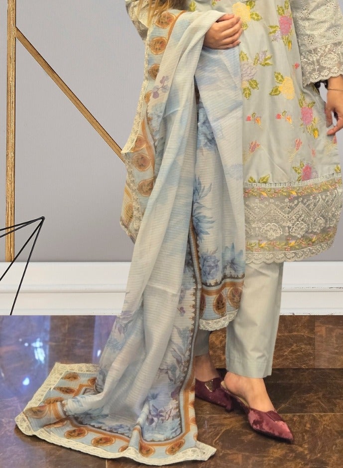 Winchell's Premium Lawn Light Blue 3-Piece Cross Stitch Embroidered Suit- Medium - Image 3