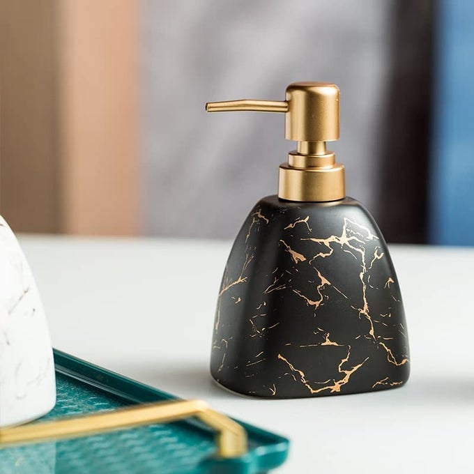 SOAP DISPENSER WITH PUMP, ITALIAN MARBLE PATTERN DISPENSAR BOTTLE FOR LIQUID SOAP, LOTIONS AND OIL, BLACK