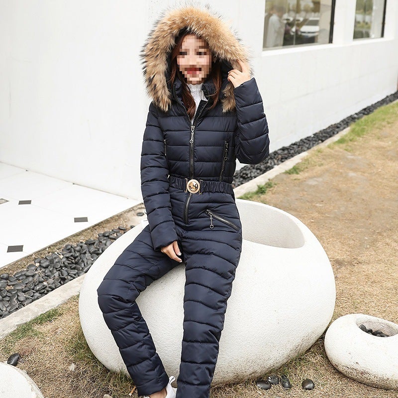 2022 Winter Womens Hooded Ski Jumpsuit Thickened Warm Dark blue