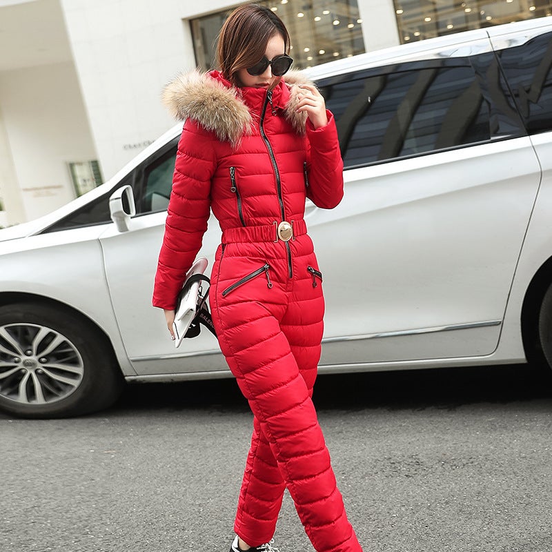 2022 Winter Womens Hooded Ski Jumpsuit Thickened Warm Dark blue