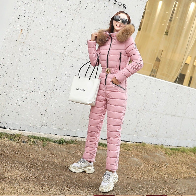 2022 Winter Womens Hooded Ski Jumpsuit Thickened Warm Dark blue