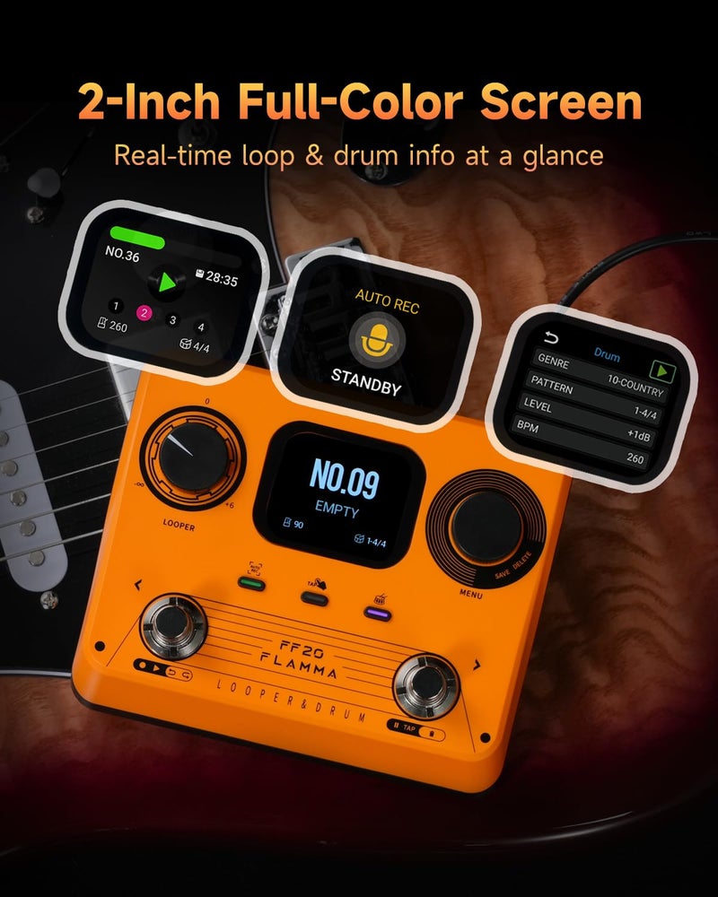 FLAMMA FF20 Looper Pedal Drum Machine, Drum Looper Guitar Pedal with Screen, 300 Min Recording, 220 Drum Grooves, 100 Loop Slots, Time Stretch, Auto Record, USB & Headphone Out, for Guitar and Bass - Image 3