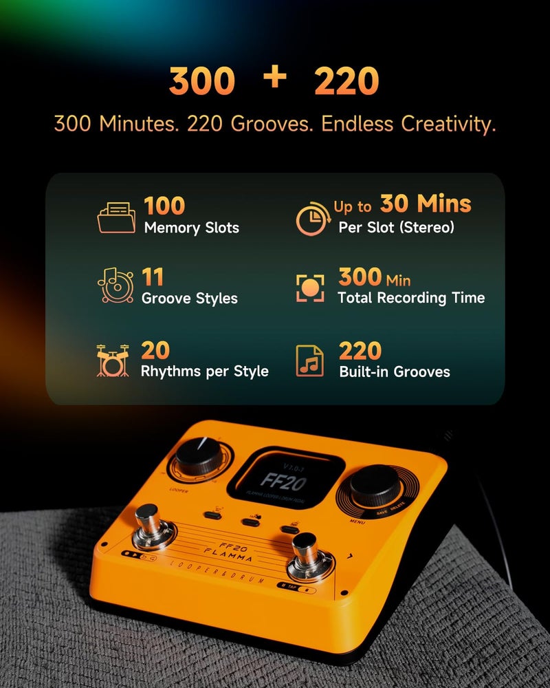 FLAMMA FF20 Looper Pedal Drum Machine, Drum Looper Guitar Pedal with Screen, 300 Min Recording, 220 Drum Grooves, 100 Loop Slots, Time Stretch, Auto Record, USB & Headphone Out, for Guitar and Bass - Image 2